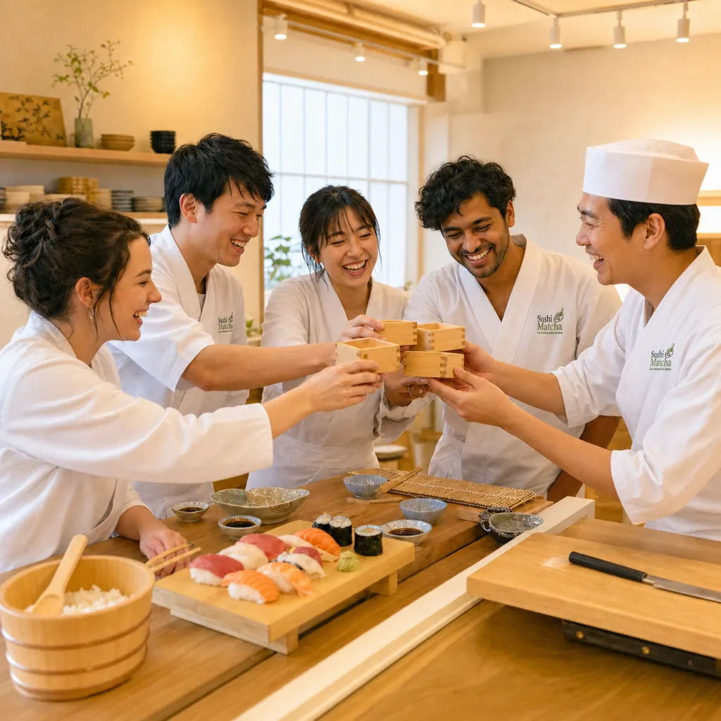Guests and instructor toasting with masu sake cups