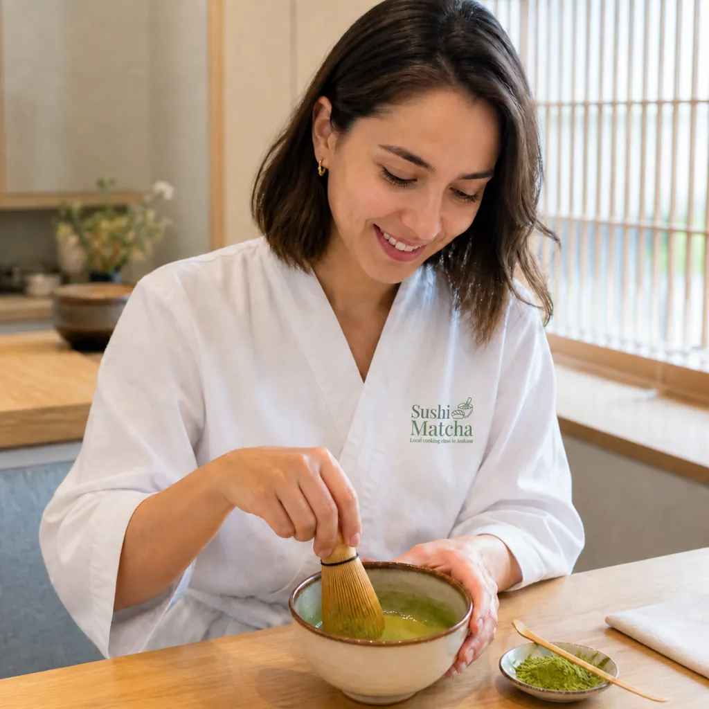 Smiling guest whisking a bowl of matcha