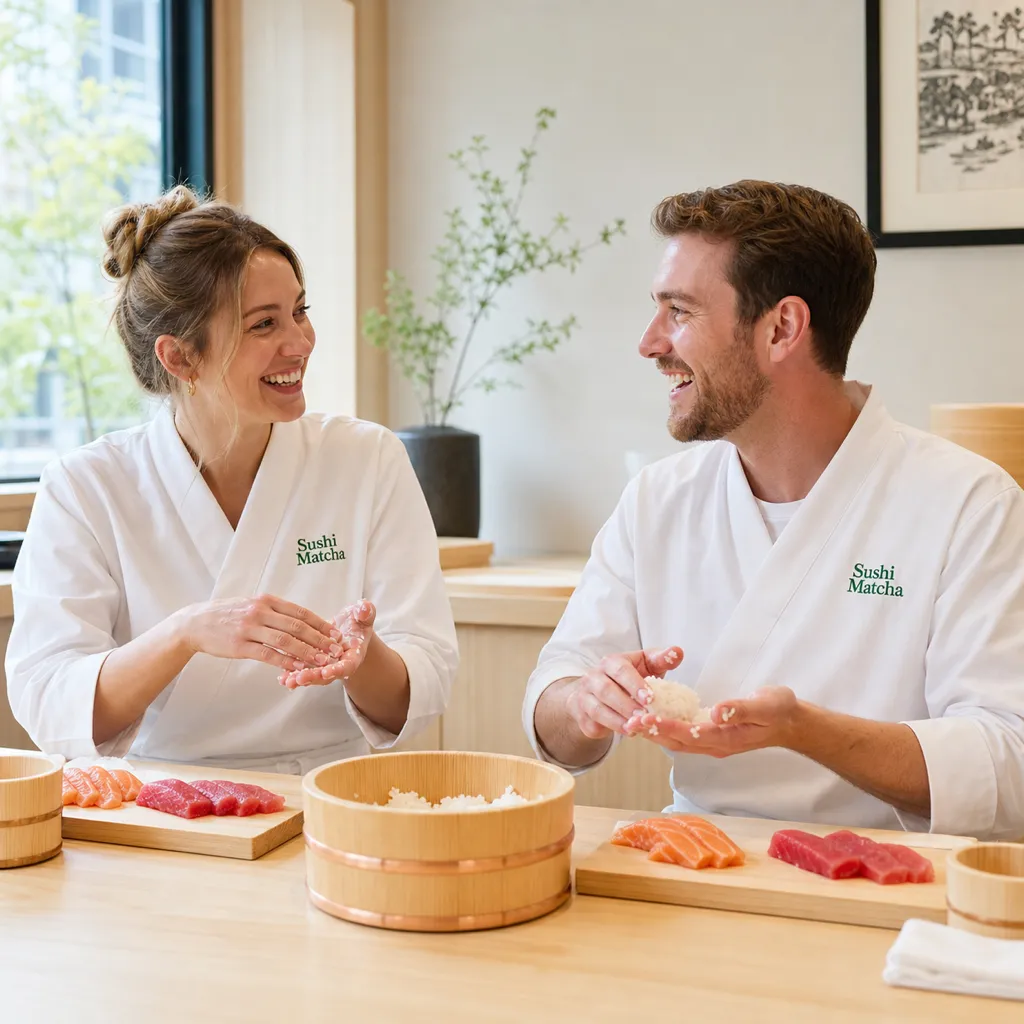 Couple laughing across the counter as they shape nigiri together