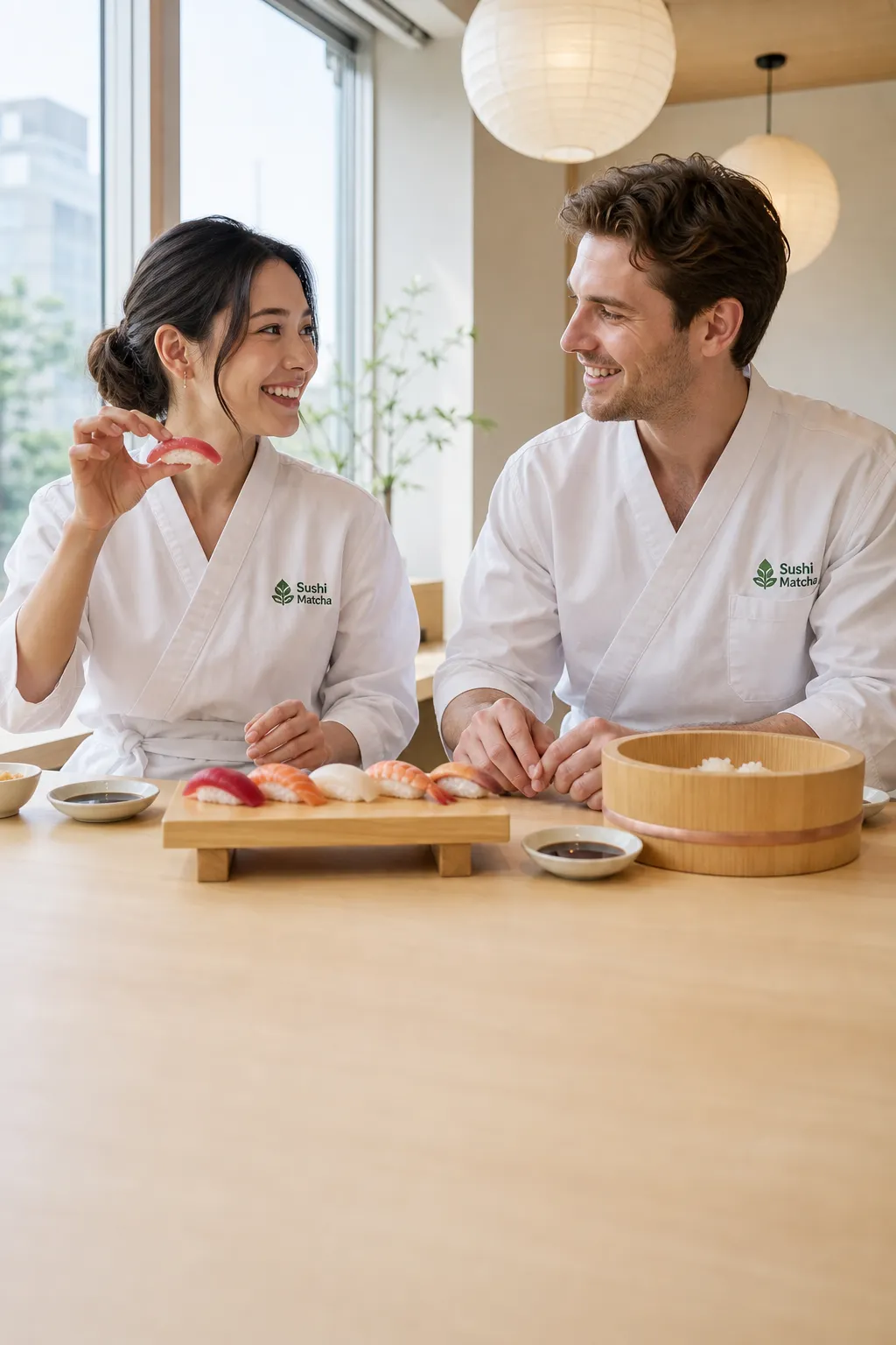 Couple in Sushi Matcha coats at the class counter, holding up a freshly made nigiri