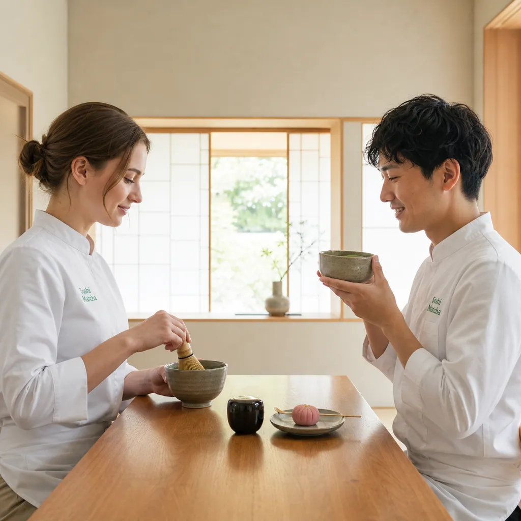 Couple facing each other across the table, whisking and sipping their matcha