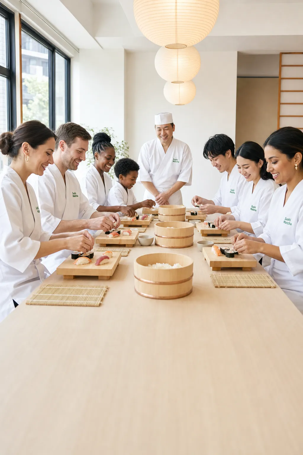 Couples, families, friends and solo travelers making sushi together at the Sushi Matcha class table in Asakusa