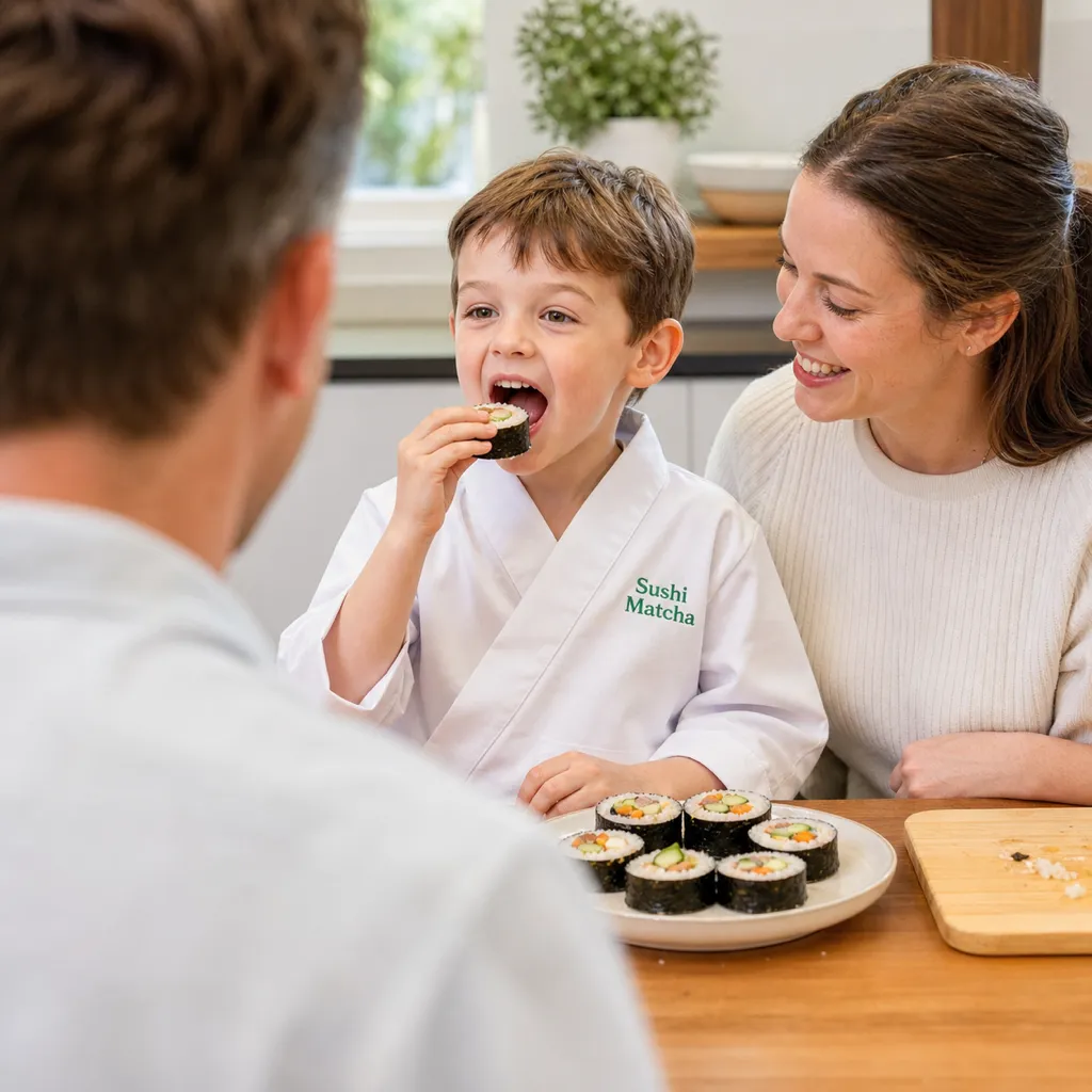 A boy about to take a big bite of the sushi roll he made himself