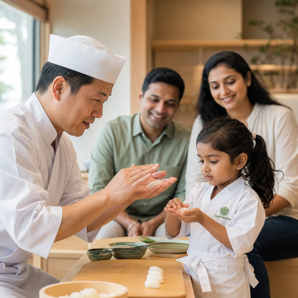 Instructor kneeling to show a young girl how to shape rice while her parents watch