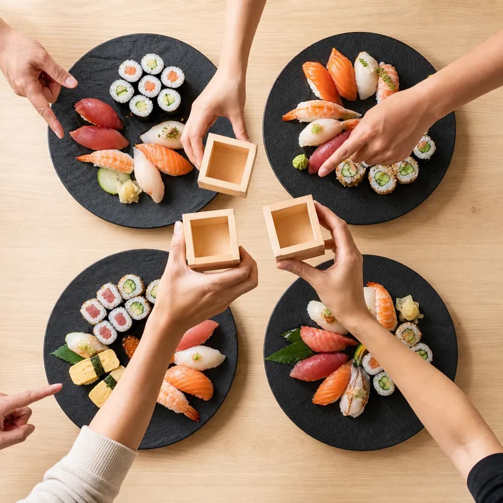 Overhead view of four finished sushi plates being compared over the table
