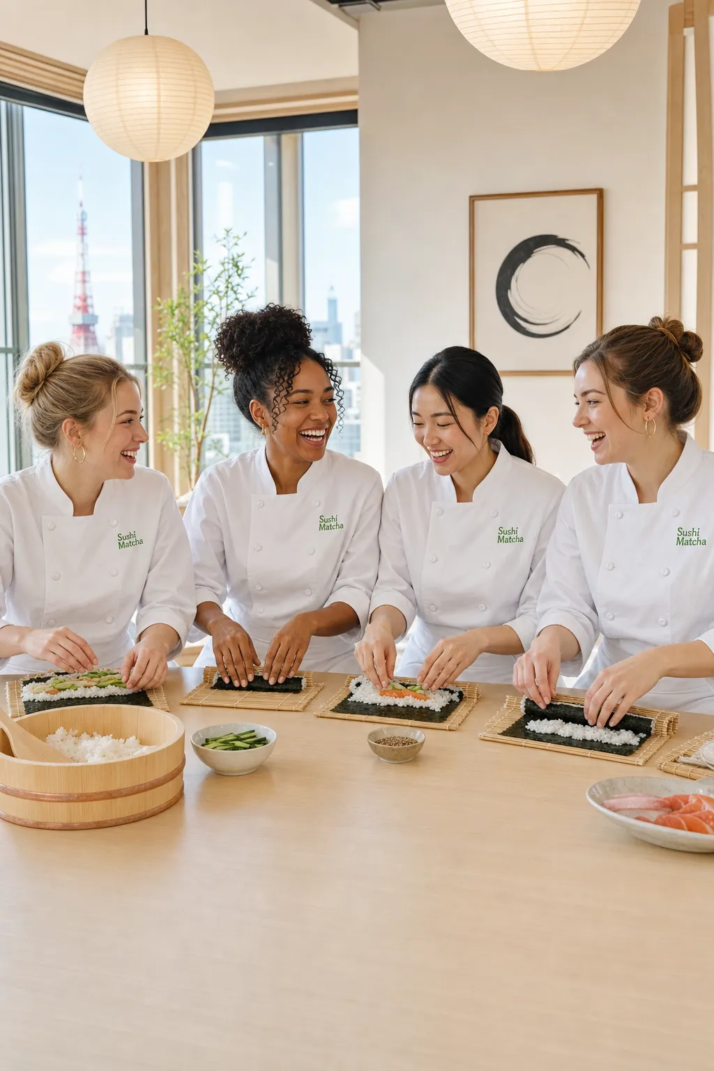 Friend group in Sushi Matcha coats laughing while rolling sushi at the class table