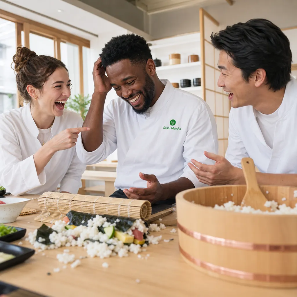 Friends across the table cracking up as one of them botches a sushi roll