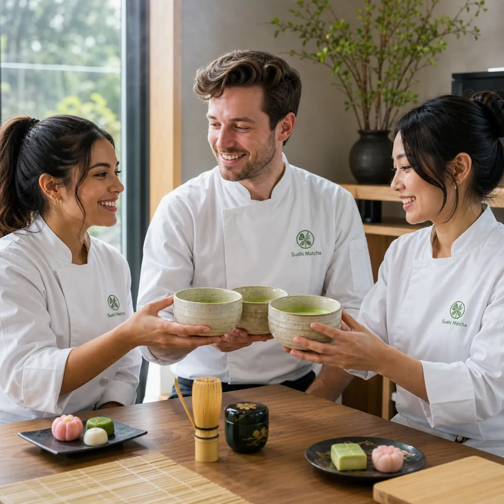 Three friends gently clinking their bowls of freshly whisked matcha