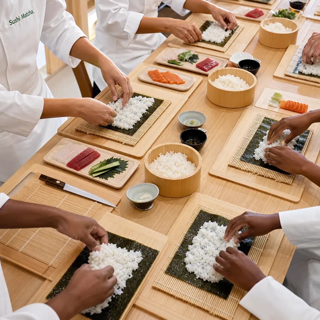 Overhead view of many hands rolling maki at their own stations along the class table