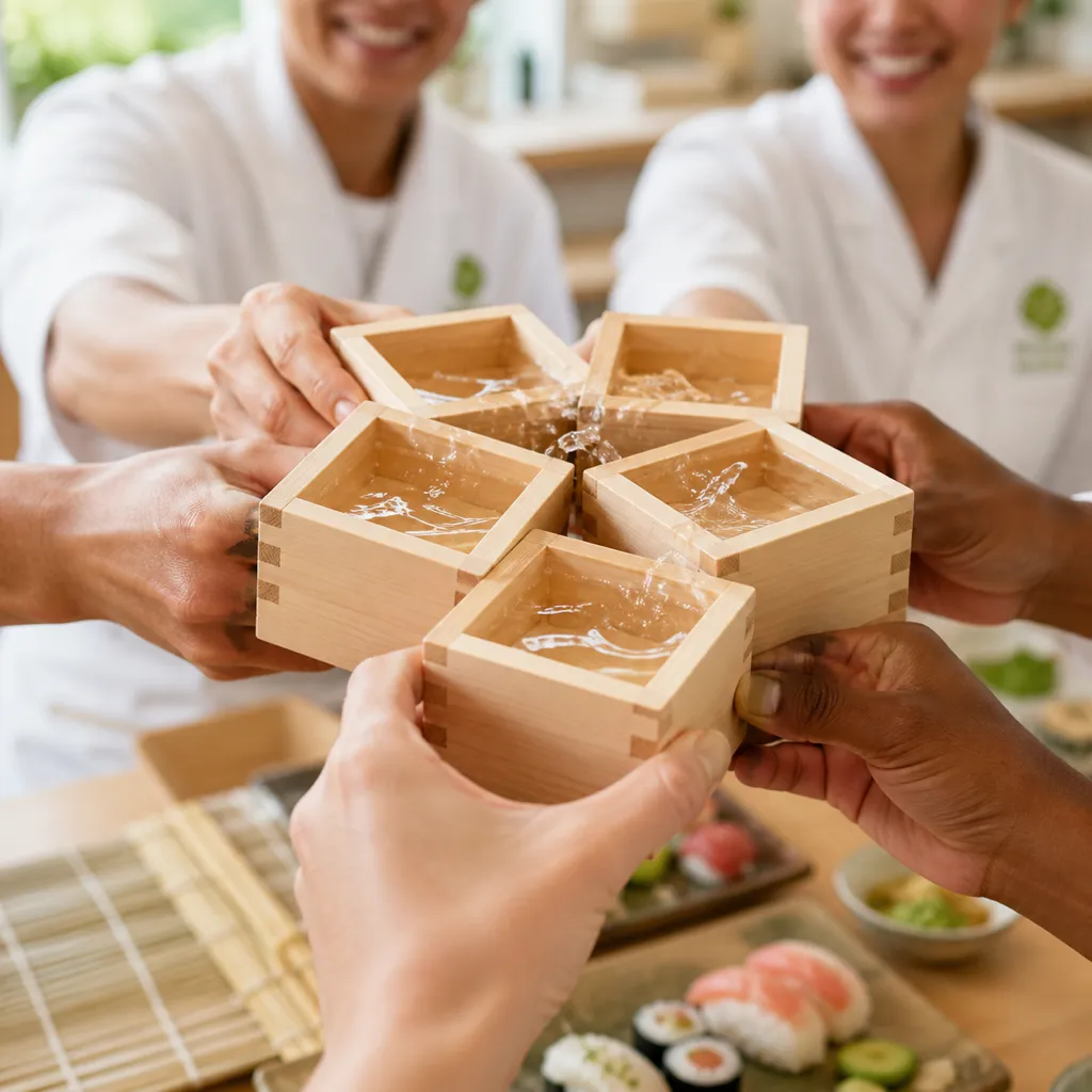 Close-up of cedar sake cups meeting in a toast over the class table