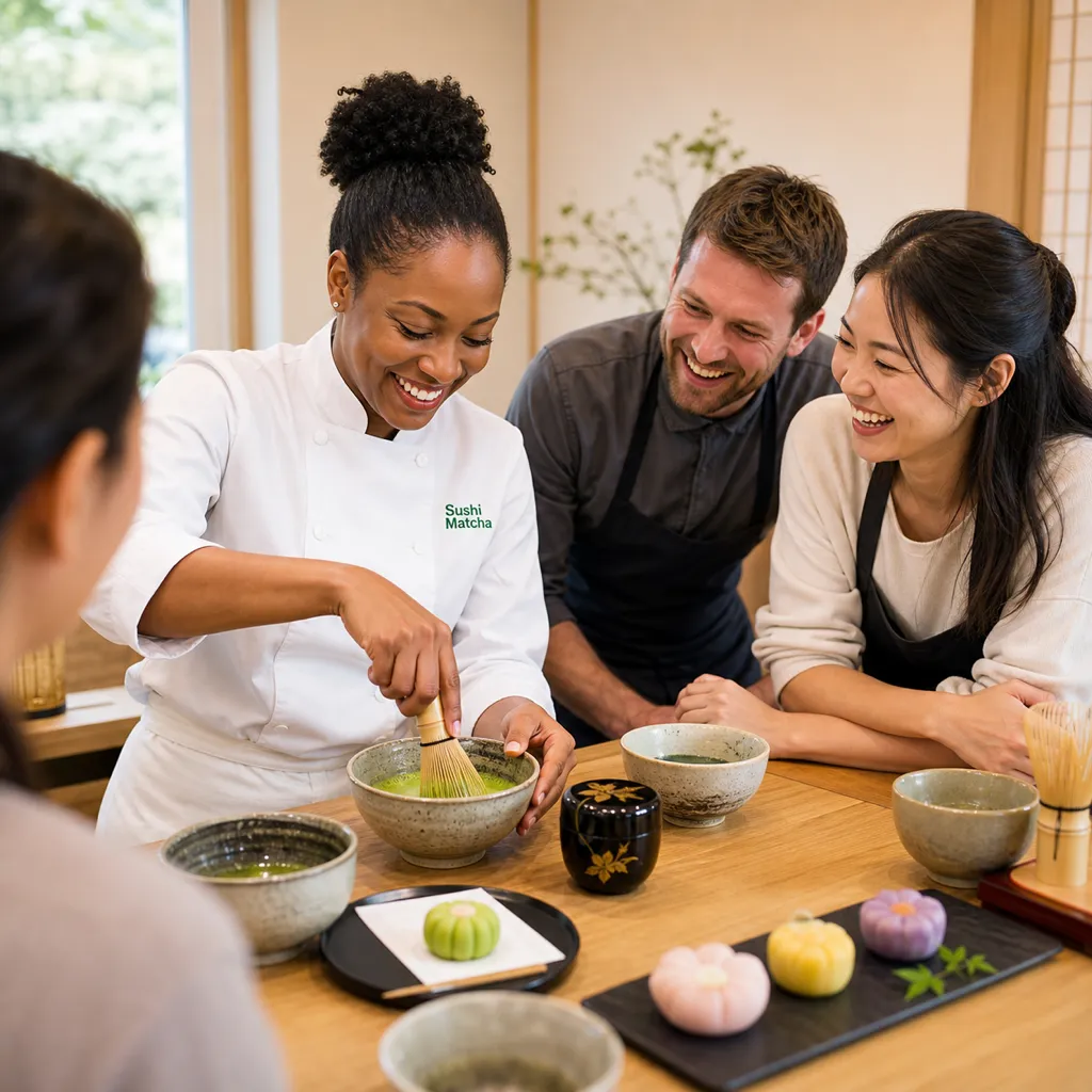 One guest whisking matcha while friends across the table cheer her on