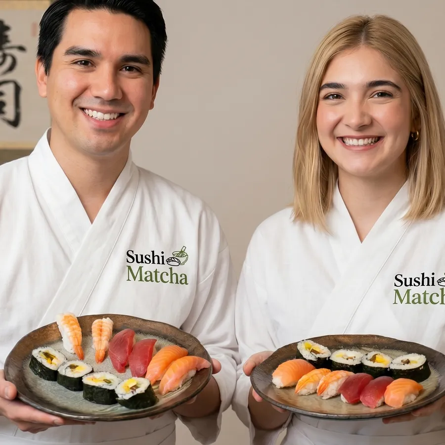 Two smiling hosts in Sushi Matcha robes presenting finished sushi plates