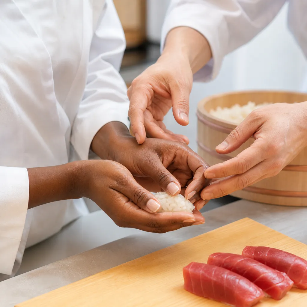 Instructor's hands guiding a guest shaping nigiri at her station