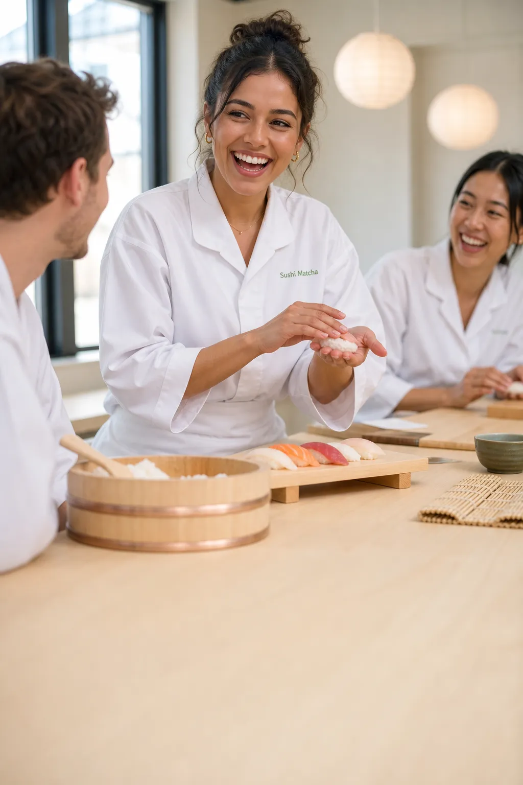 Solo traveler laughing with new friends across the sushi class table