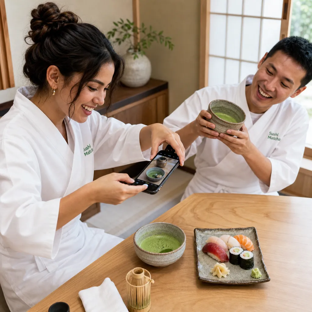 Solo traveler photographing her matcha and sushi while a new friend leans into frame