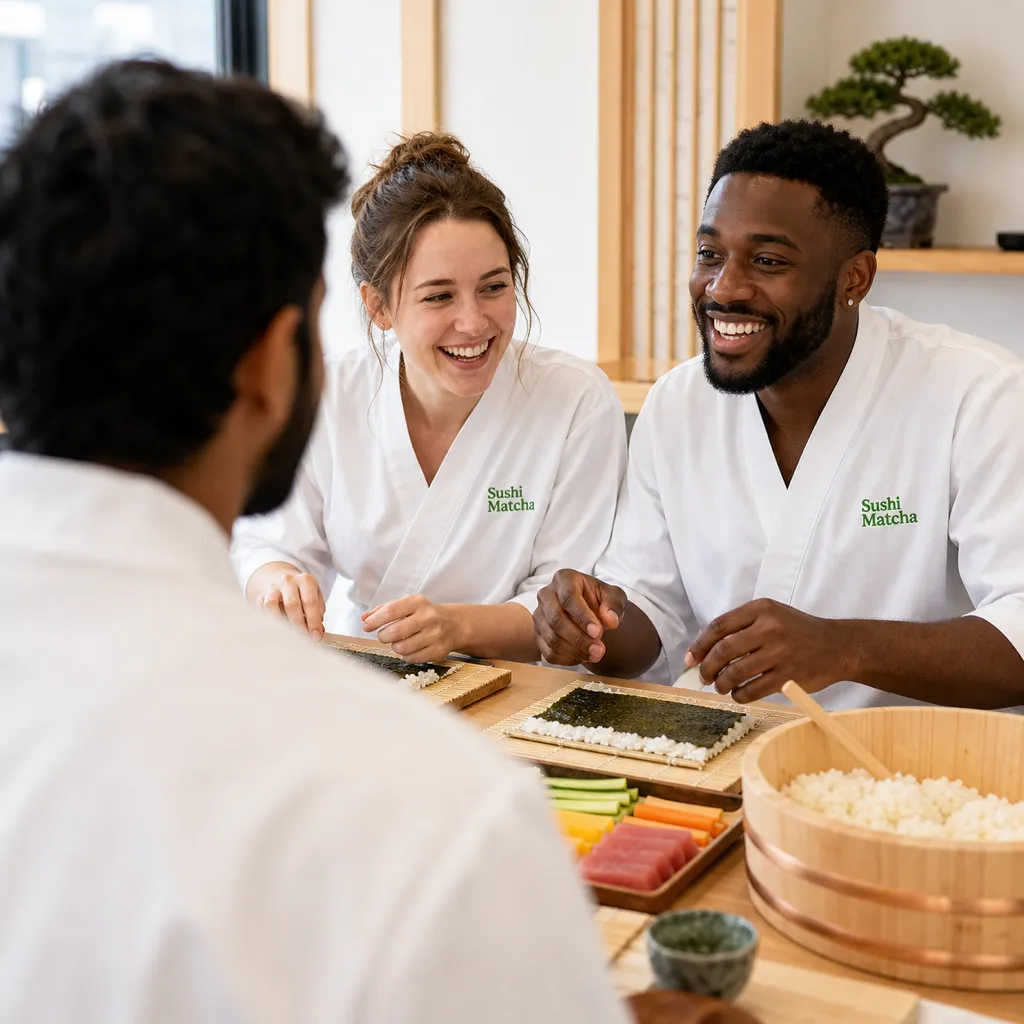 Travelers chatting and laughing across the sushi class table